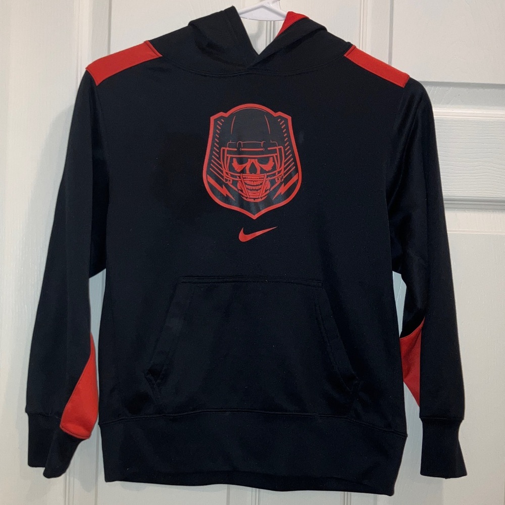 Nike Dri Fit Hoodie Youth Black Red Football Helmet Graphic Pullover Sweatshirt